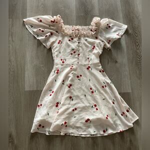quanta du soleil cream & red cheri ruffle neckline button detail mini dress XS